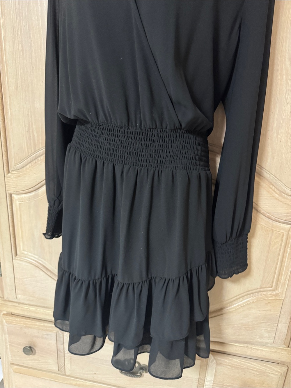 NEW MICHAEL Michael Kors Black Long-Sleeve Smocked Waist Tiered Dress - Picture 6 of 11
